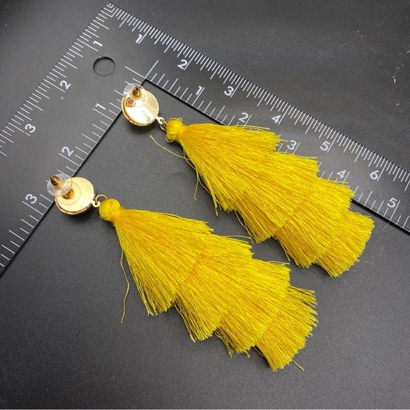 Bright Yellow Tierd Silk Tassel Pierced Post Long Earrings - Picture 4 of 7